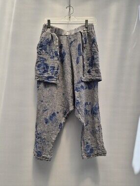 Luukaa Lagenlook Linen Harem Pants 8 M Gray Blue Drop Crotch Distressed Mori Kei